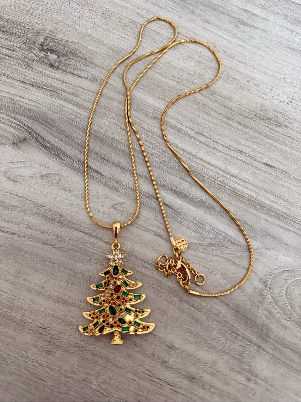 Talbots Gold-Tone Christmas Tree Pendant Necklace with Green & Red Accents